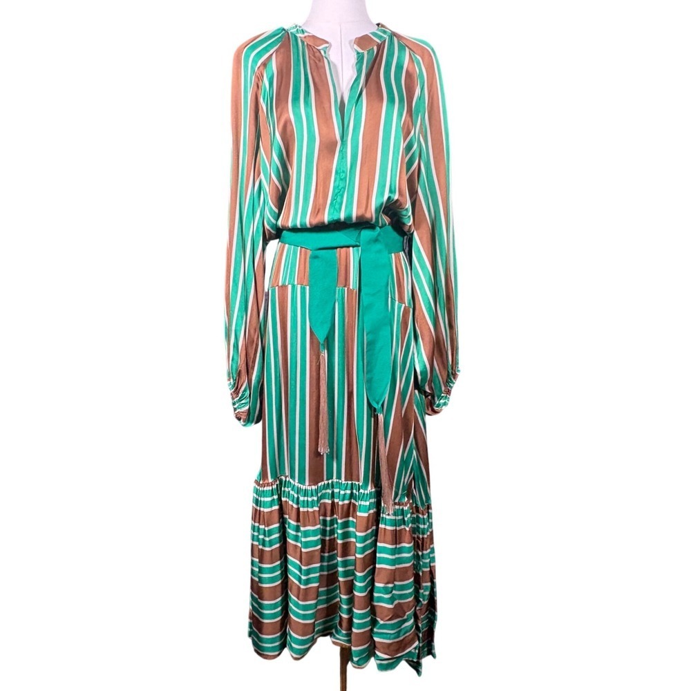 Dixie Green Brown Striped Viscose Maxi Dress Tassel Belt Womens Medium